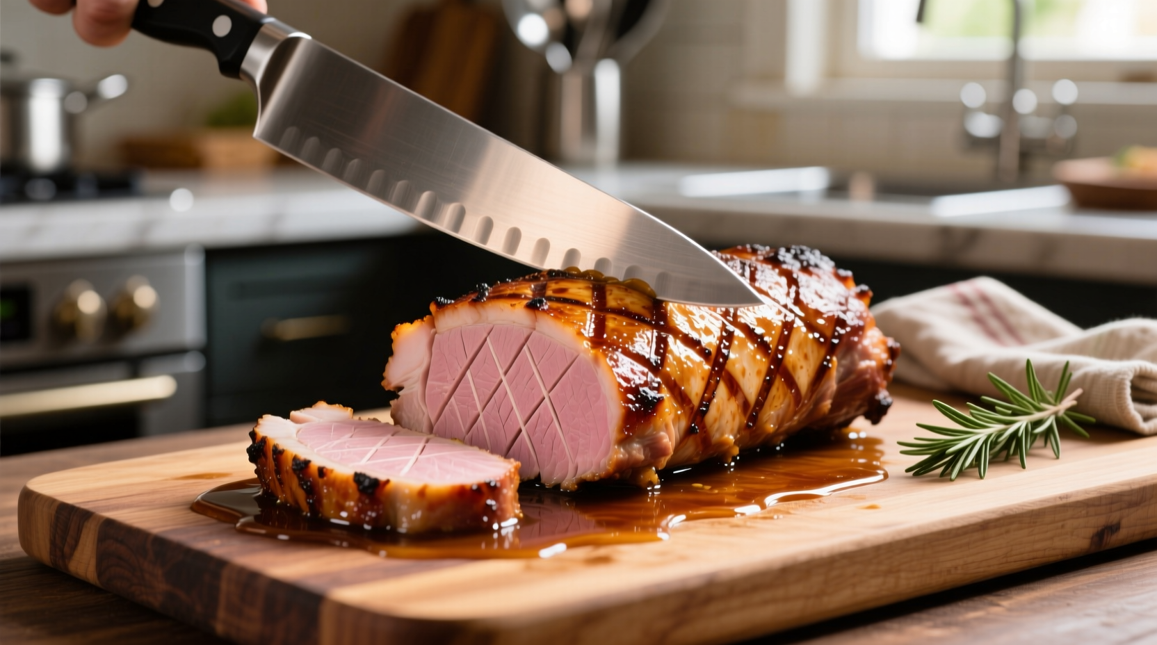 Perfectly cooked pork tenderloin on cutting board