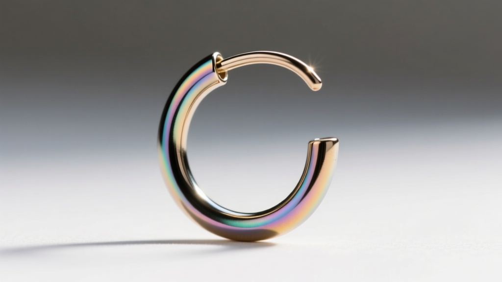 Macro shot of an 18-gauge implant-grade titanium earring hook with a smooth anodized finish, highlighting the seamless wire curve.