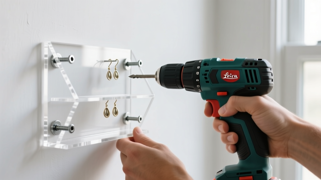 Hands mounting an acrylic earring wall organizer with steel drywall anchors and a power drill against a clean white painted drywall.