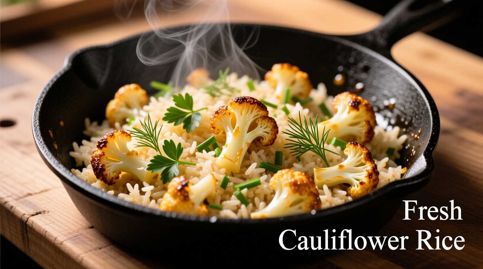 Fresh cauliflower rice in skillet with herbs
