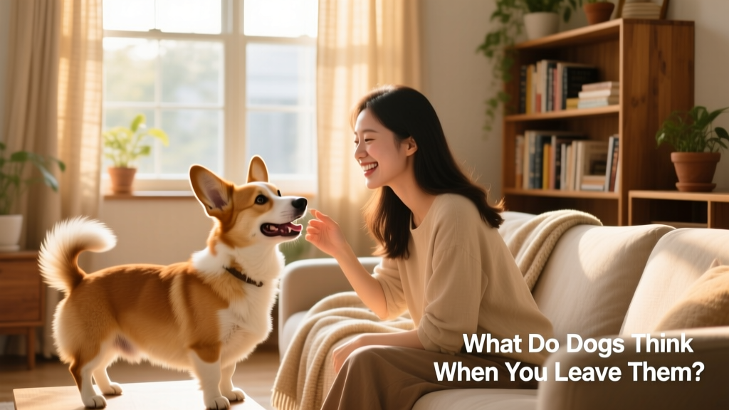 Woman smiling as she plays with a joyful Doodle dog in a cozy living room