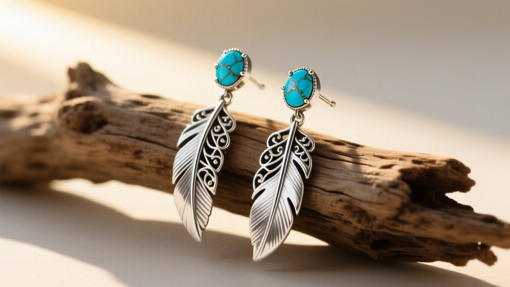 Sterling silver turquoise feather earrings resting on raw driftwood, soft sunlight highlighting the blue stone matrix and metal.