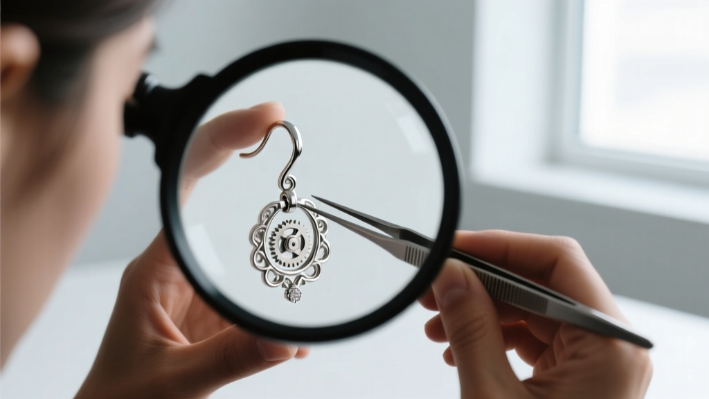 Jeweler using tweezers to adjust the tension catch on a sterling silver leverback earring mechanism under a magnification loupe.