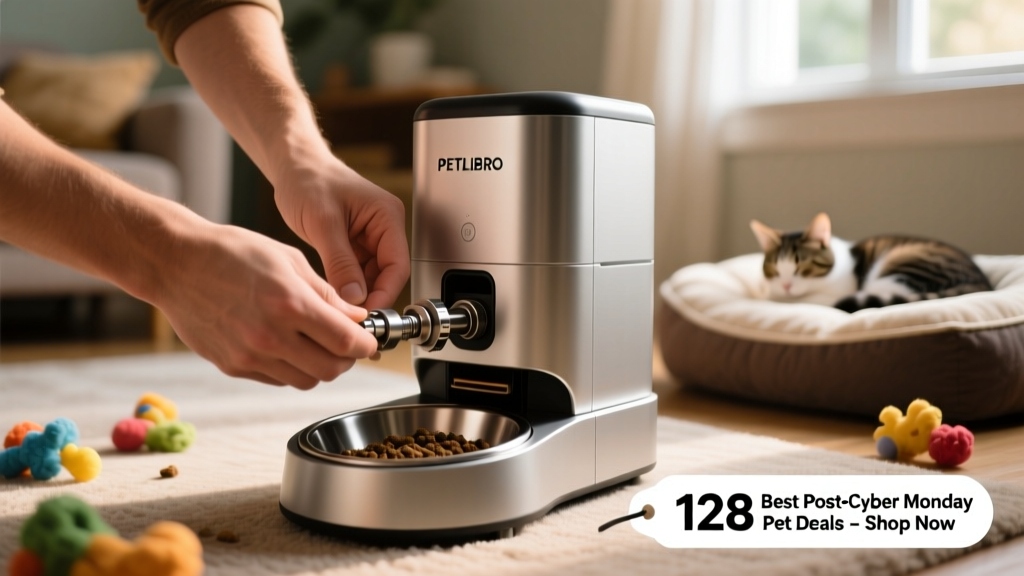 Close-up of hands assembling a PETLIBRO automatic feeder, with food bowl attached to its base