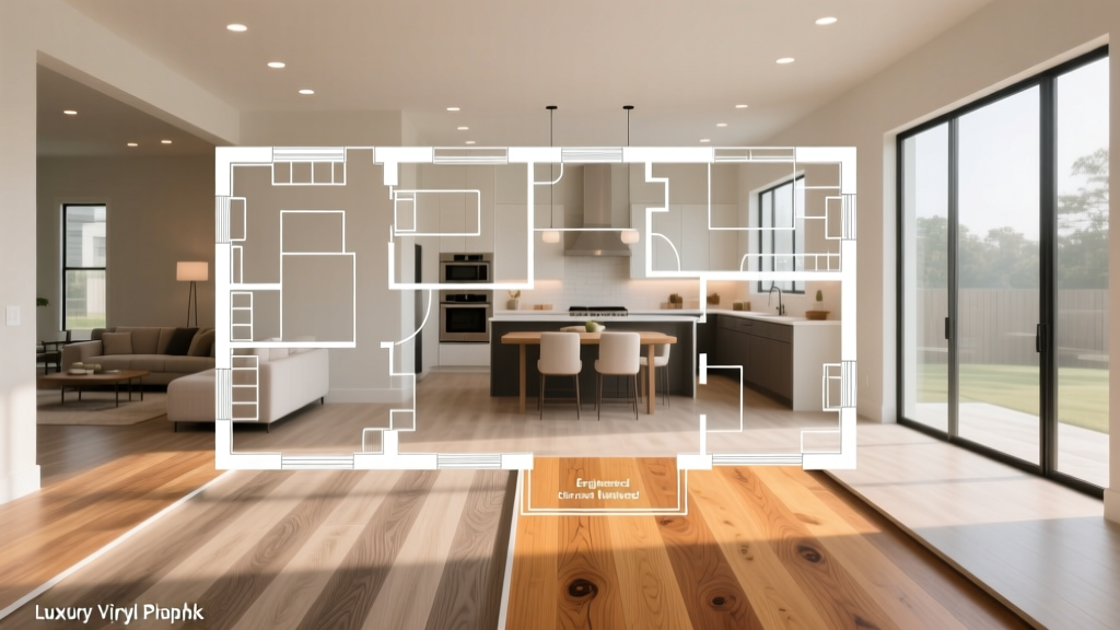 Blueprint of an open-concept house floor plan overlaid with material samples of luxury vinyl plank and engineered oak hardwood