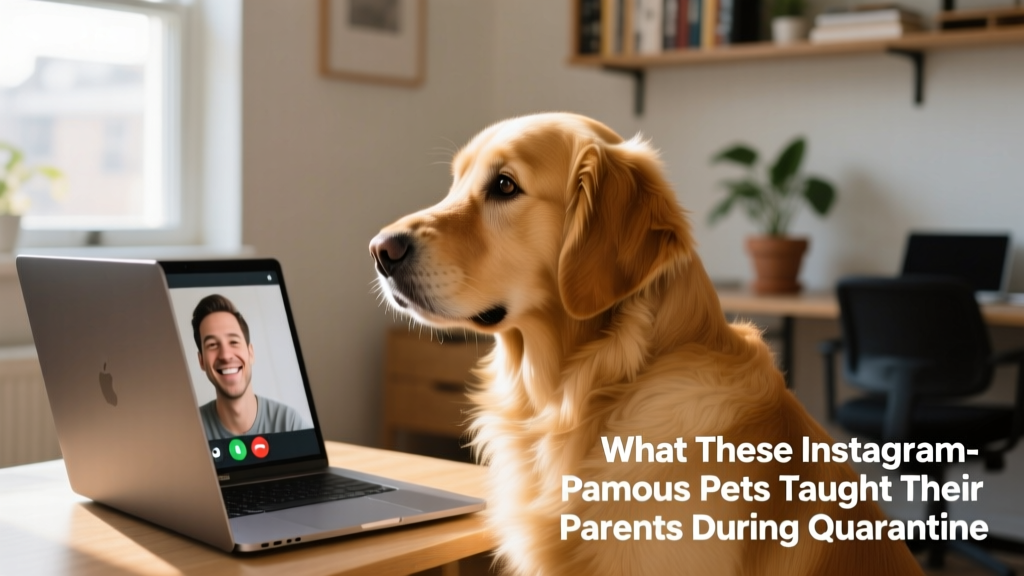 A golden retriever sitting beside a laptop during a video call, looking curiously at the screen
