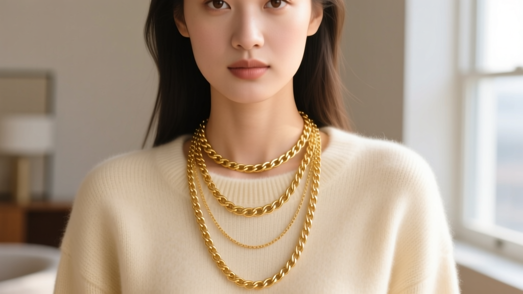 Close-up of a woman wearing layered 14k gold necklaces at 16, 18, and 22 inches resting against a soft beige cashmere sweater