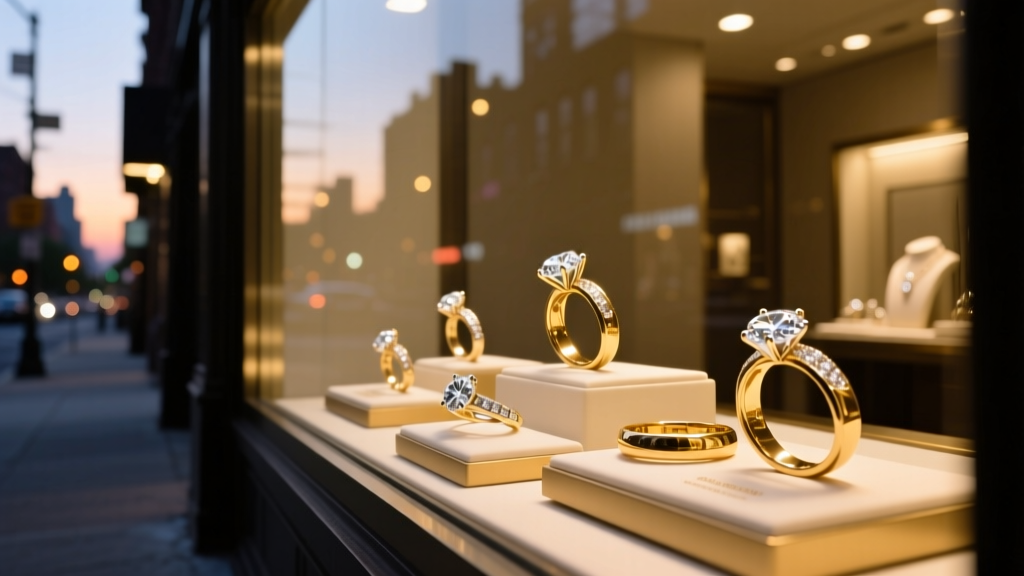 Flushing Queens jewelry storefront window displaying glowing lab-grown diamond engagement rings and custom gold bands at dusk.