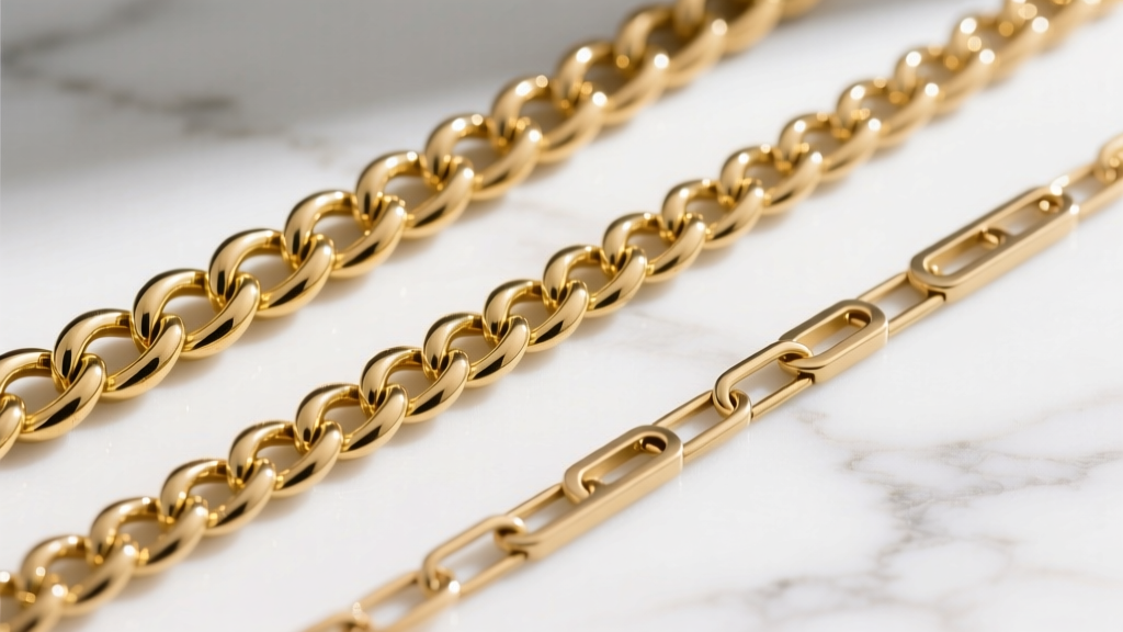 Three distinct gold chains laid flat on white marble: a classic Cuban link, a patterned Figaro, and an elongated Paperclip chain