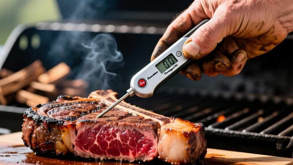 Close-up of a pitmaster s hand using a ThermoWorks Thermapen ONE to check the internal temperature of a thick reverse-seared tomahawk ribeye steak