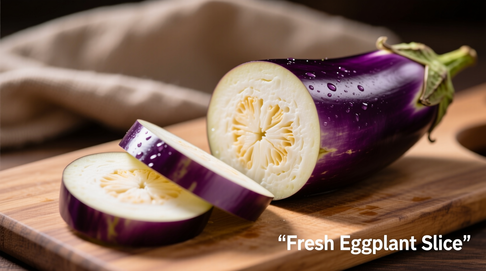 Sliced eggplant showing purple skin and white flesh