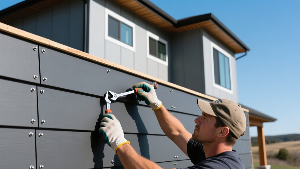 Contractor installing dark gray fiber cement siding panels with stainless steel blind nails on a modern two-story residential exterior