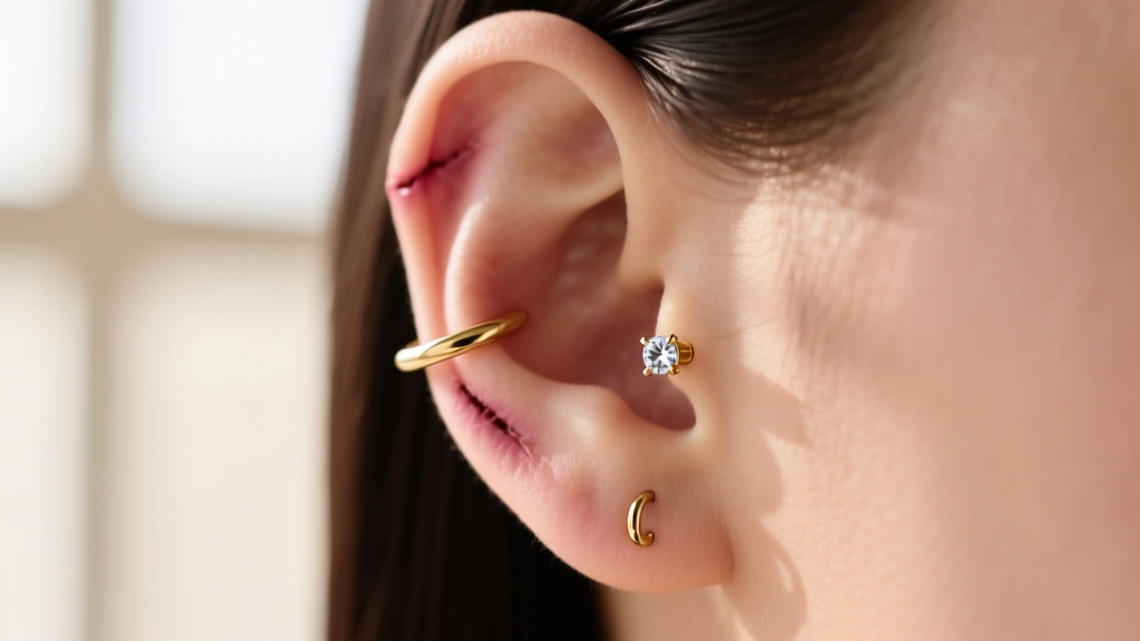 Profile of a healed helix piercing wearing a 16-gauge gold huggie hoop with a bezel diamond against a softly blurred backdrop