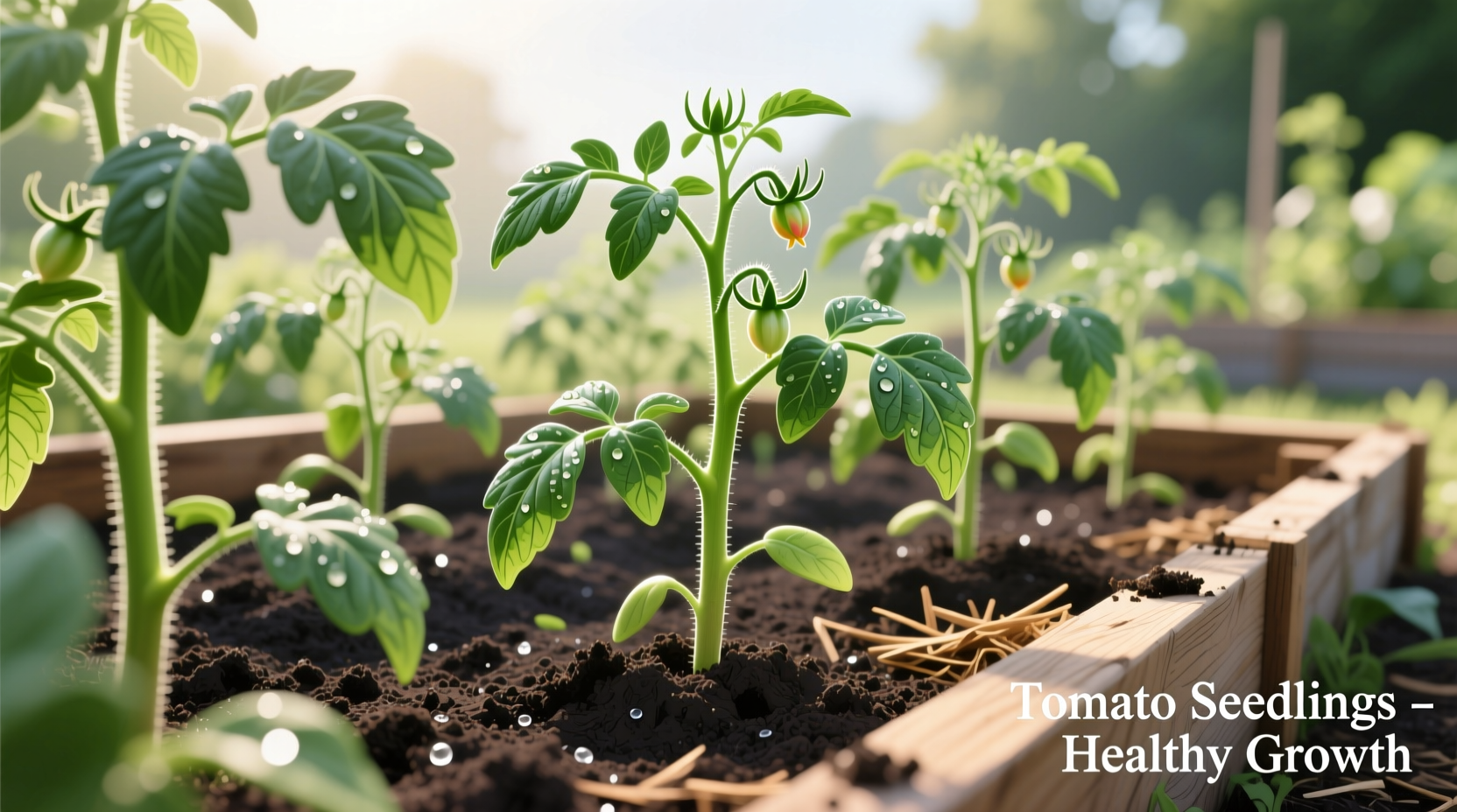 Healthy tomato seedlings in garden bed