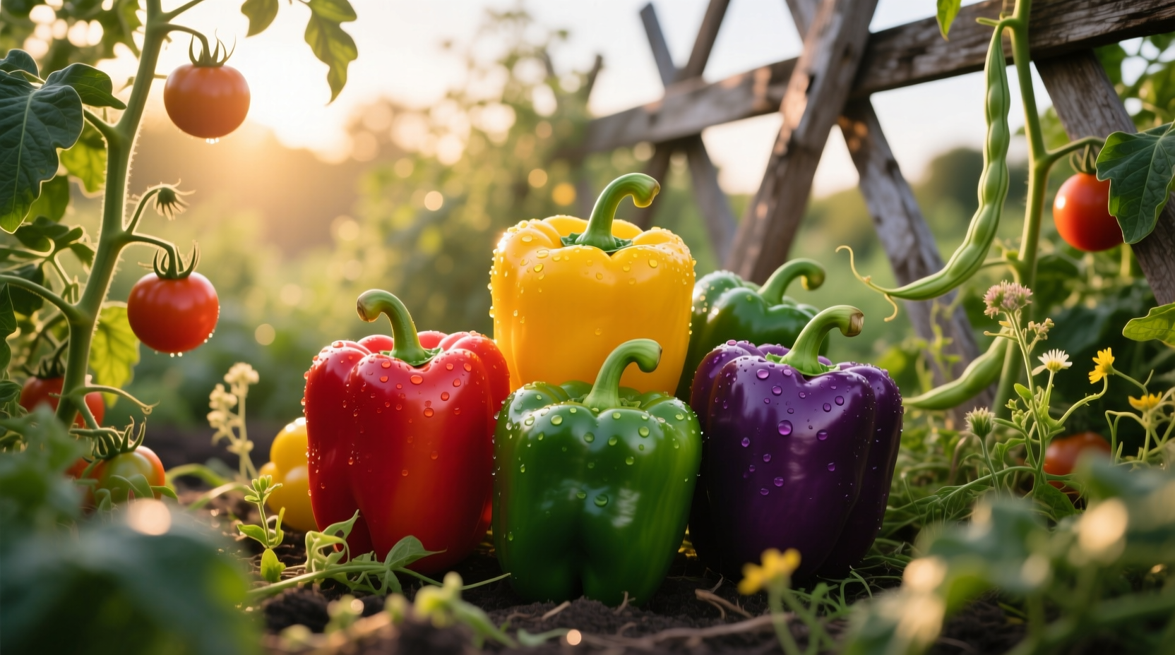 Colorful bell peppers in a garden setting