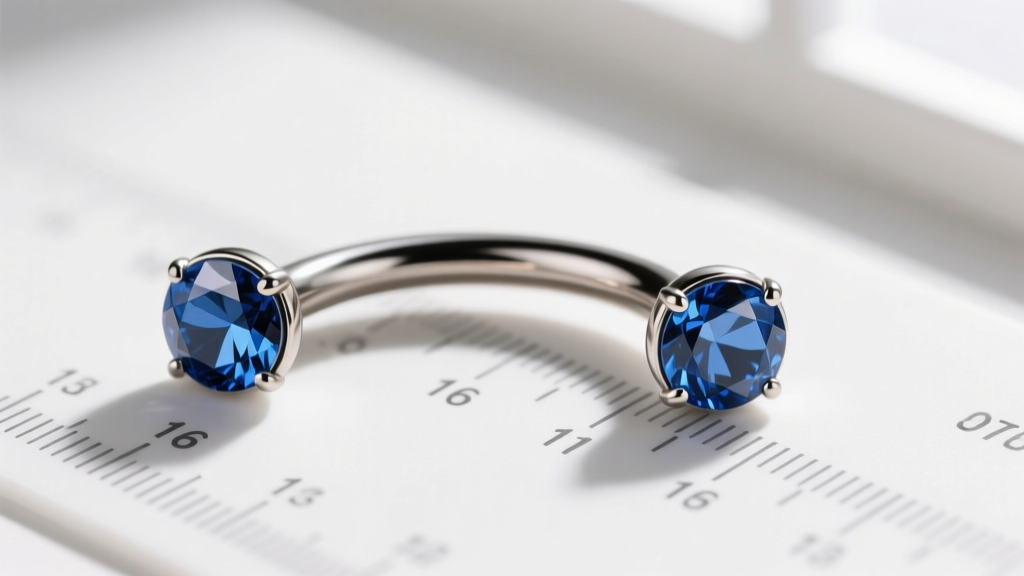 Macro close-up of a threadless 16-gauge titanium curved barbell with a bezel-set sapphire end, resting on a jewelry sizing chart.