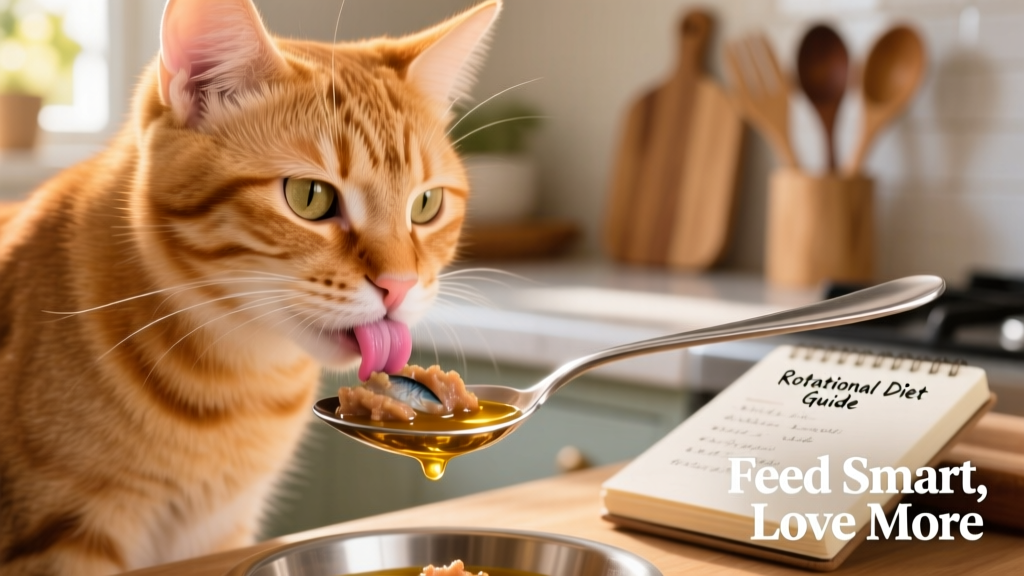 Close-up of a cat licking a spoon topped with a small amount of fish oil mixed into wet food