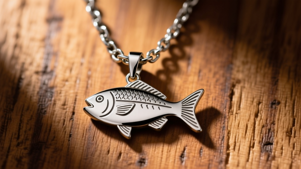 Steel box chain holding a brushed titanium Christian fish pendant, shot from above against a warm wooden background texture.