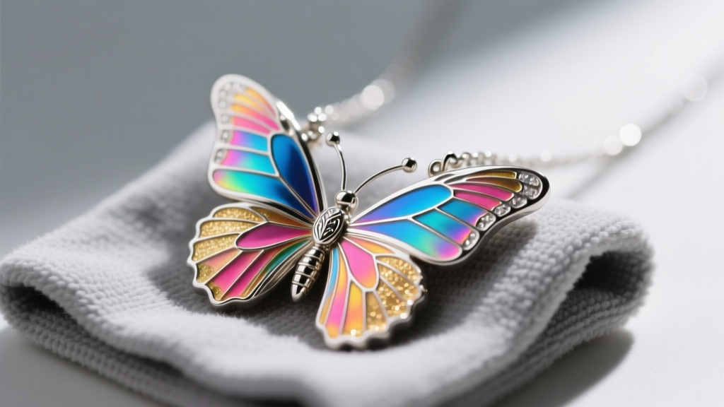 Macro shot of a silver rainbow butterfly necklace with bright enamel wings resting on a soft gray microfiber cleaning cloth.