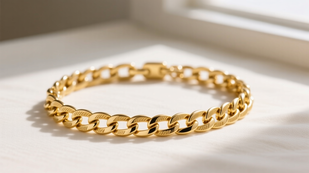 Flat lay of an 18k yellow gold chaine d'ancre necklace on navy velvet, soft lighting highlighting polished anchor links