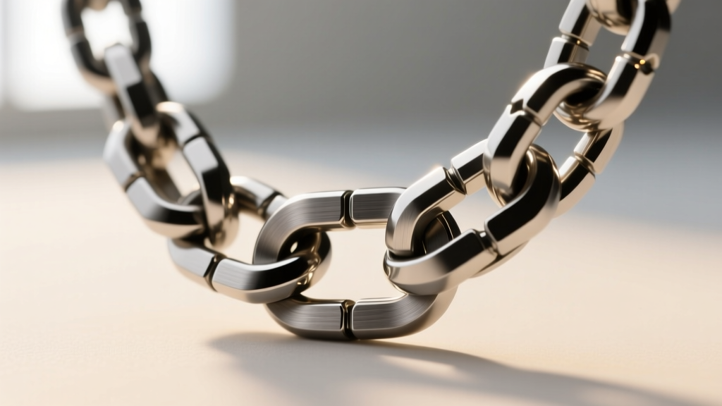 Macro shot of a Grade 5 titanium Wakanda necklace chain link showing a brushed finish and precise laser-welded metal joints