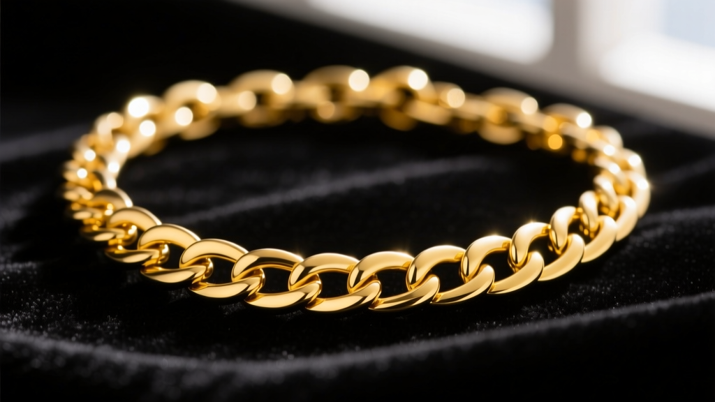 Close-up of a gold plated brass chain necklace on dark velvet, showing the bright yellow-gold finish and subtle light reflections.