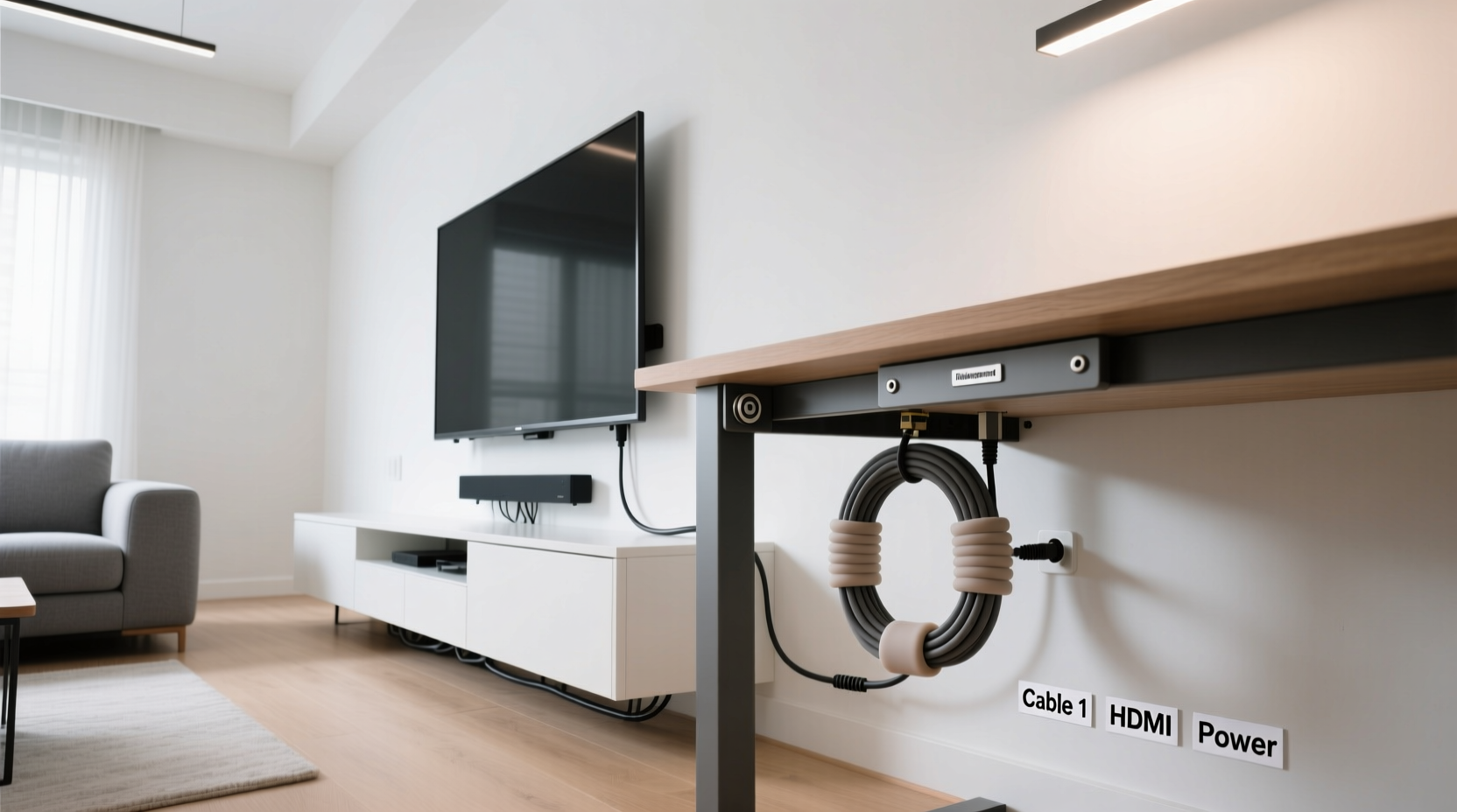 how to hide cords neatly behind your tv and desk