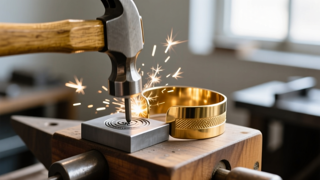 Action shot of a brass jewelry hammer striking a steel stamp on a 14-gauge raw brass cuff bracelet secured in a bench block