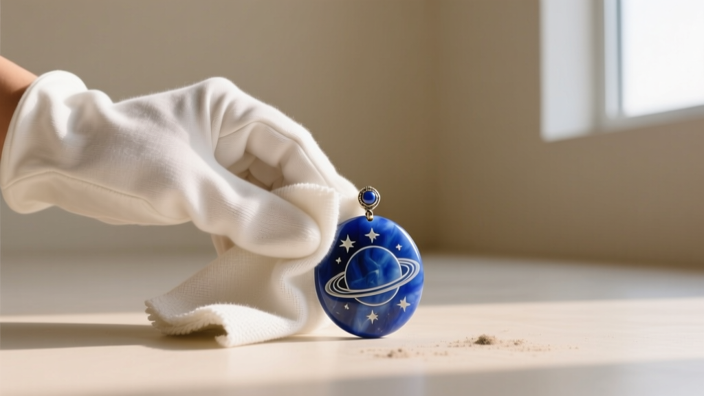 Hands in white cotton gloves gently wiping a porous lapis lazuli celestial pendant with a dry, untreated microfiber cloth.