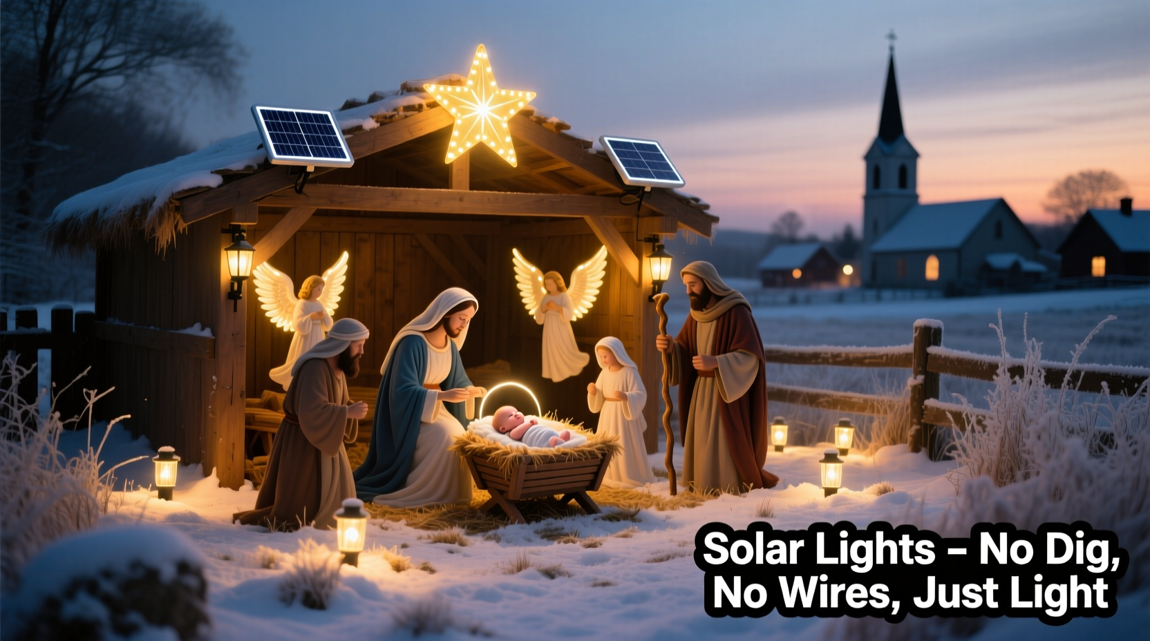 how to use solar lights to illuminate a nativity scene without trenching wires