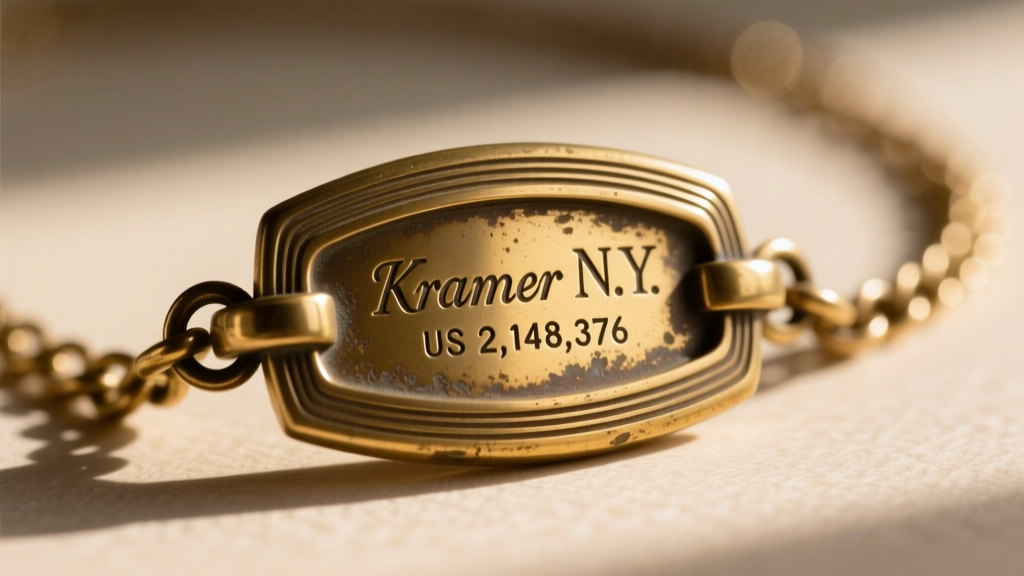 Extreme close-up of a vintage brass necklace clasp showing the stamped Kramer N.Y. hallmark and a faded utility patent number.