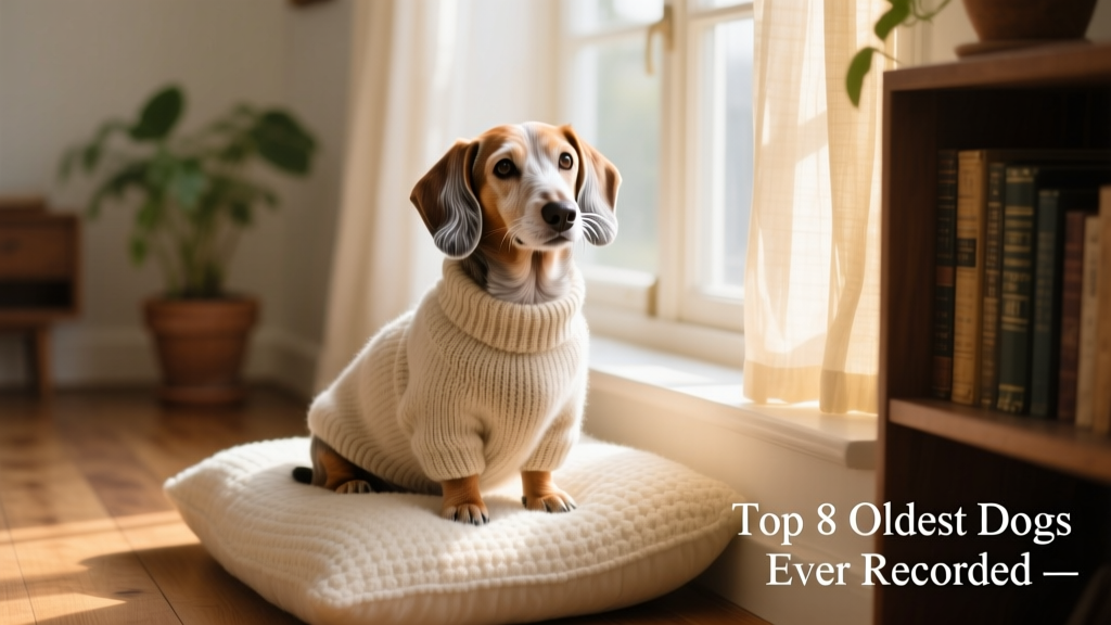 A petite, wrinkled senior Dachshund sitting upright on a cozy cushion, wearing a soft knitted sweater