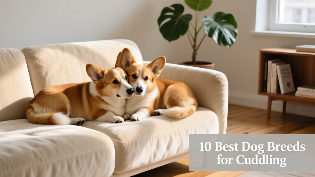 Two Pembroke Welsh corgis snuggled together on a cozy sofa