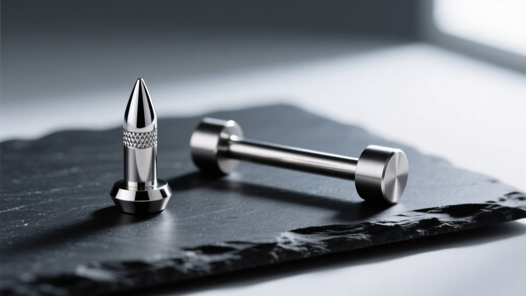 Macro photo of a polished ASTM F136 titanium labret post next to a 316L surgical steel barbell resting on a dark slate surface.