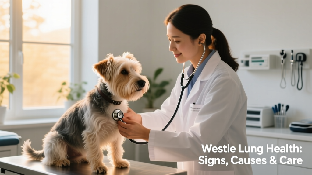 Veterinarian using a stethoscope to listen to a Westie’s chest during a routine exam