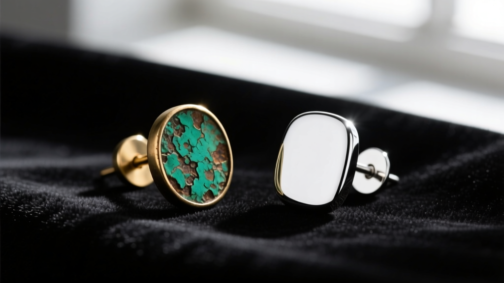 A tarnished brass earring post turning green beside a freshly replated bright white rhodium post resting on dark velvet fabric