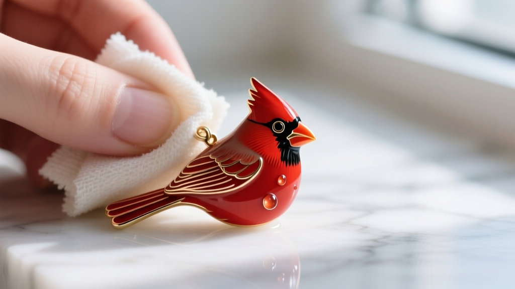 Macro photography of a red glass enamel cardinal jewelry pendant being gently cleaned with a soft microfiber cloth and mild soap.