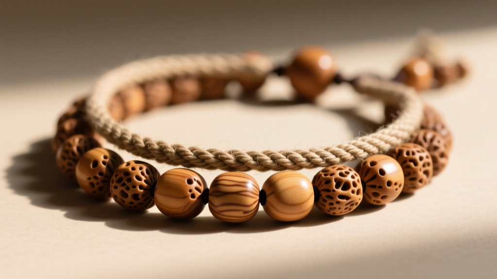 Close-up of a tulasi necklace showing porous, light-brown holy basil wood beads strung tightly on a thick, unbleached cotton cord.