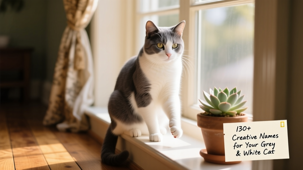 A serene gray and white cat sitting on a sunlit windowsill, showcasing its striking bi-color coat
