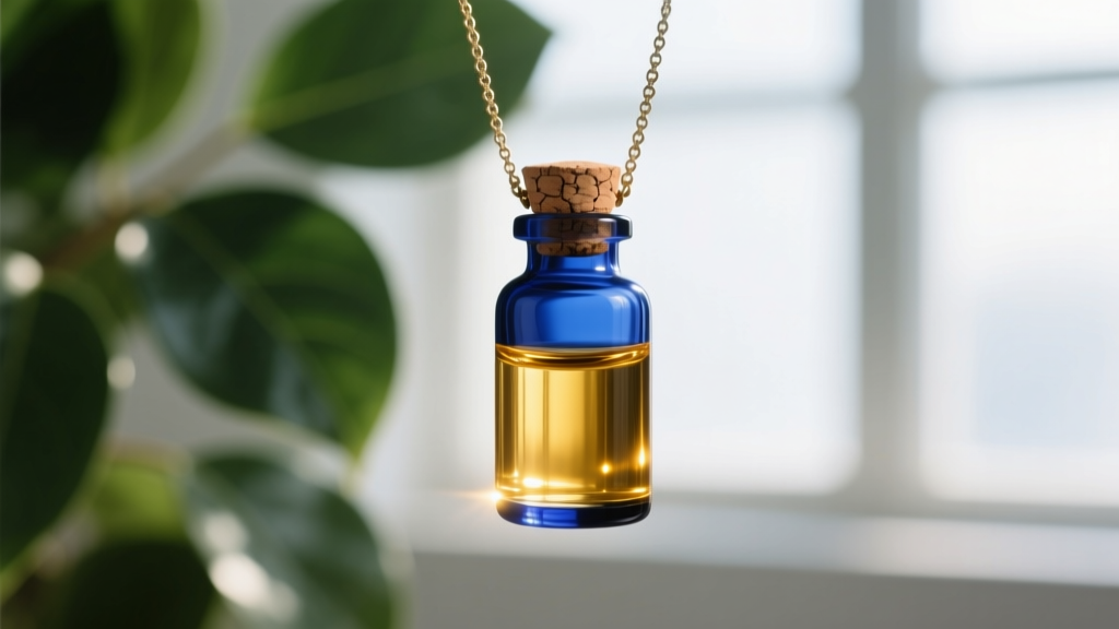 Cobalt blue glass vial necklace with cork stopper catching sunlight to show golden liquid inside against blurred green leaves.