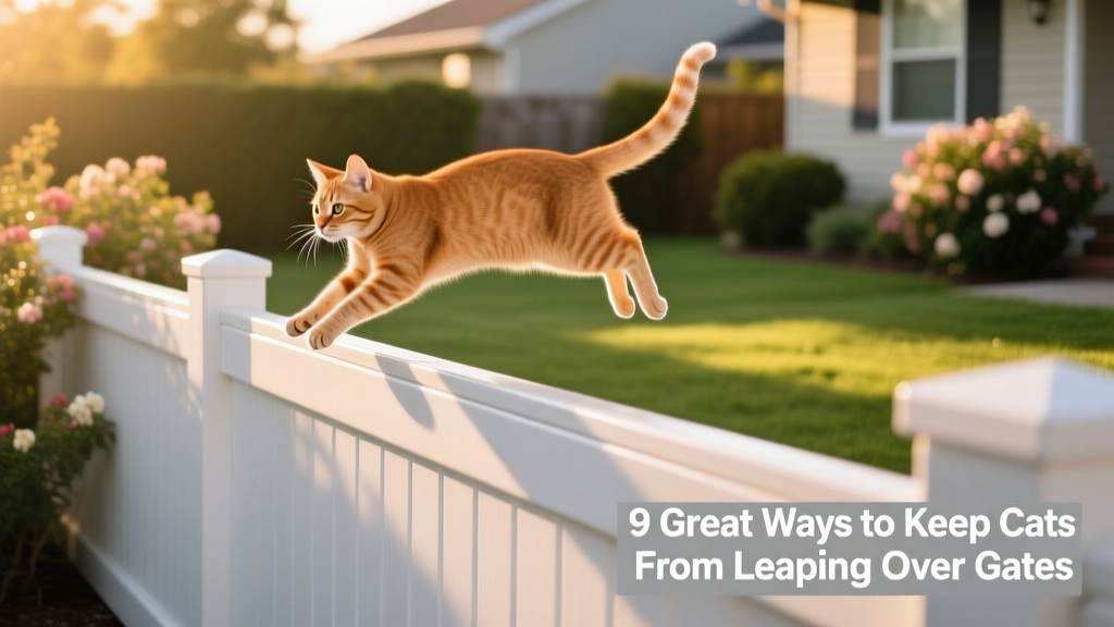 A white vinyl fence topped with smooth roller bars, with a ginger cat pausing mid-leap before turning away