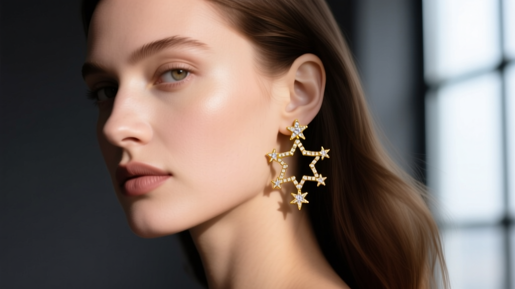 Profile of a model wearing cluster constellation stud earrings in 18k yellow gold against a blurred dark charcoal background.