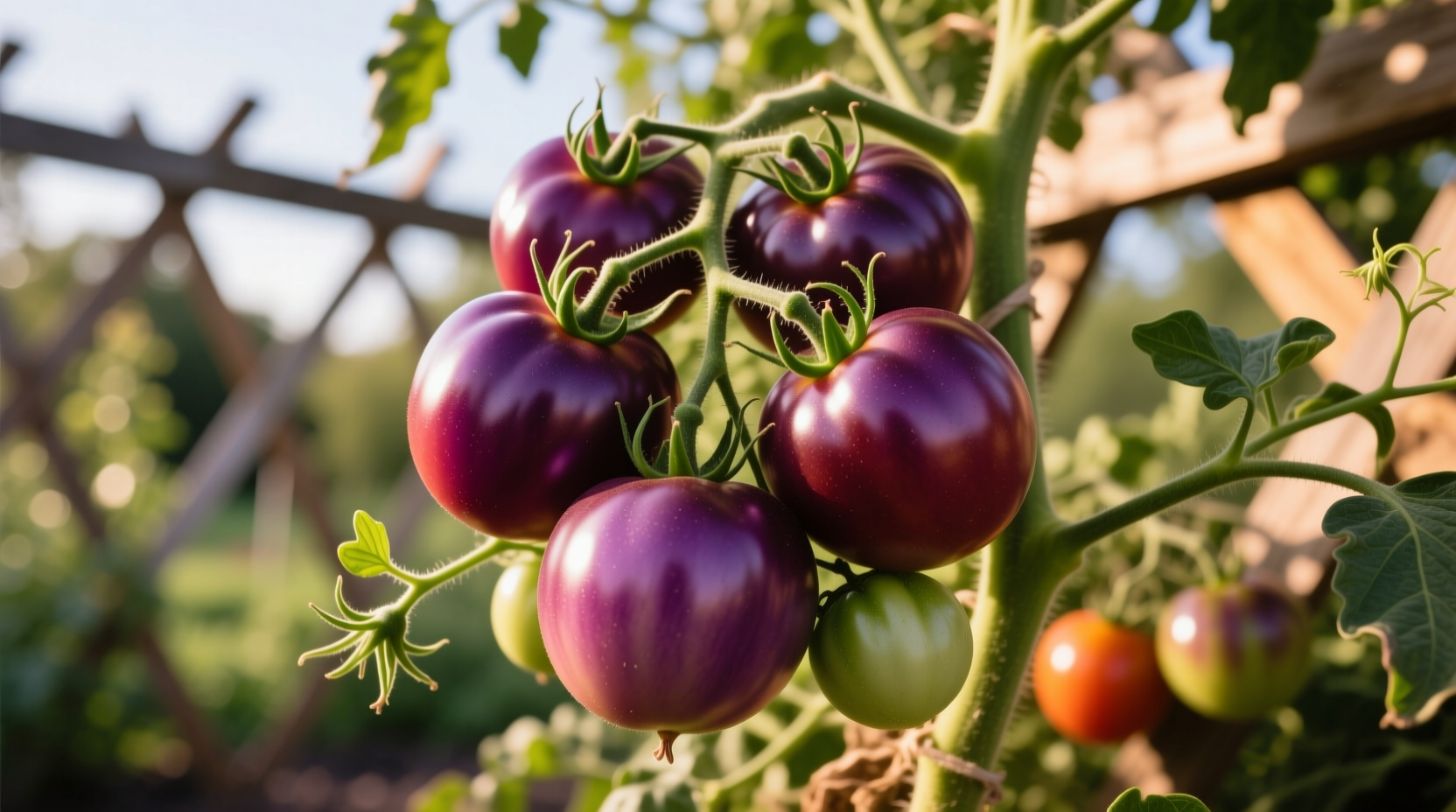 Ripe Cherokee Purple tomatoes on vine showing deep color