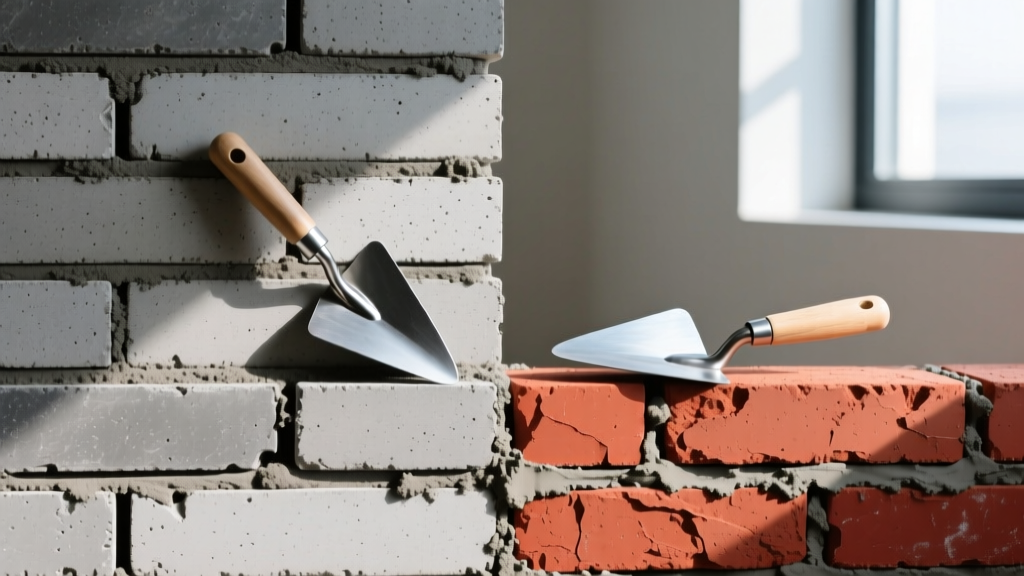 Masonry wall split showing gray concrete bricks on left and red clay bricks on right with fresh mortar joints and steel trowels.