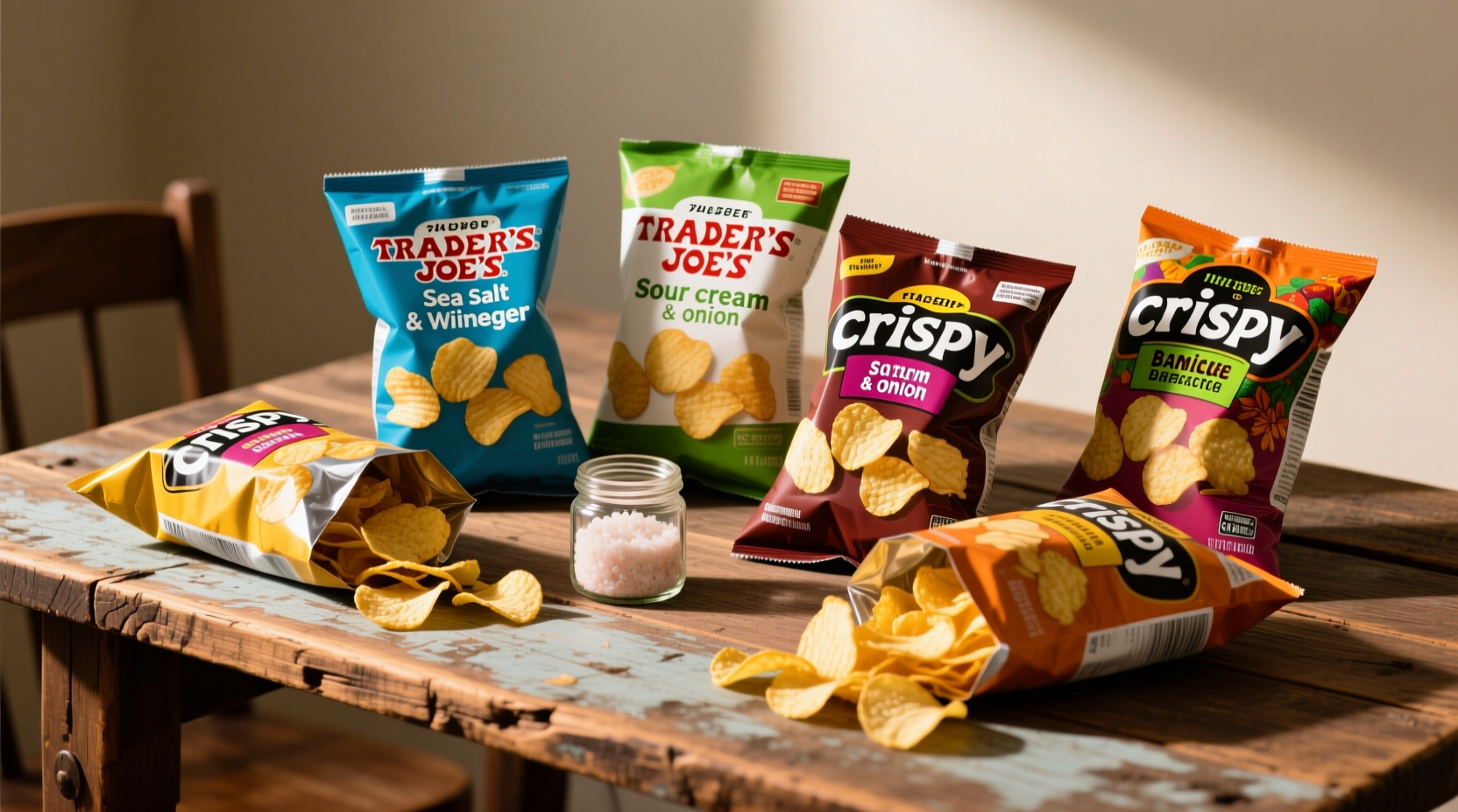 Trader Joe's potato chip varieties arranged on wooden table