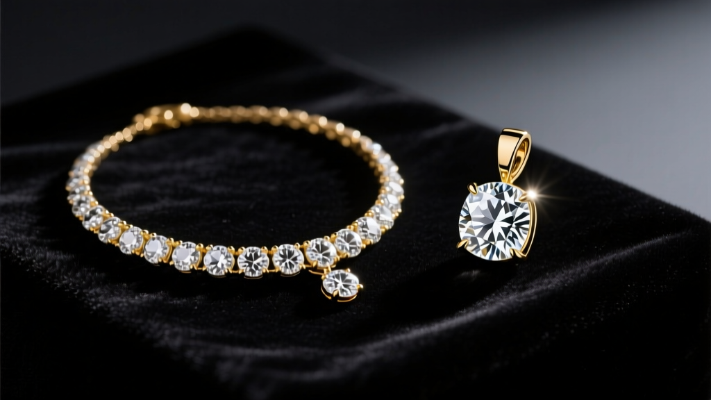 Vintage paste diamond necklace beside a modern 18k gold lab-grown diamond pendant, illuminated by dramatic, moody studio lighting.