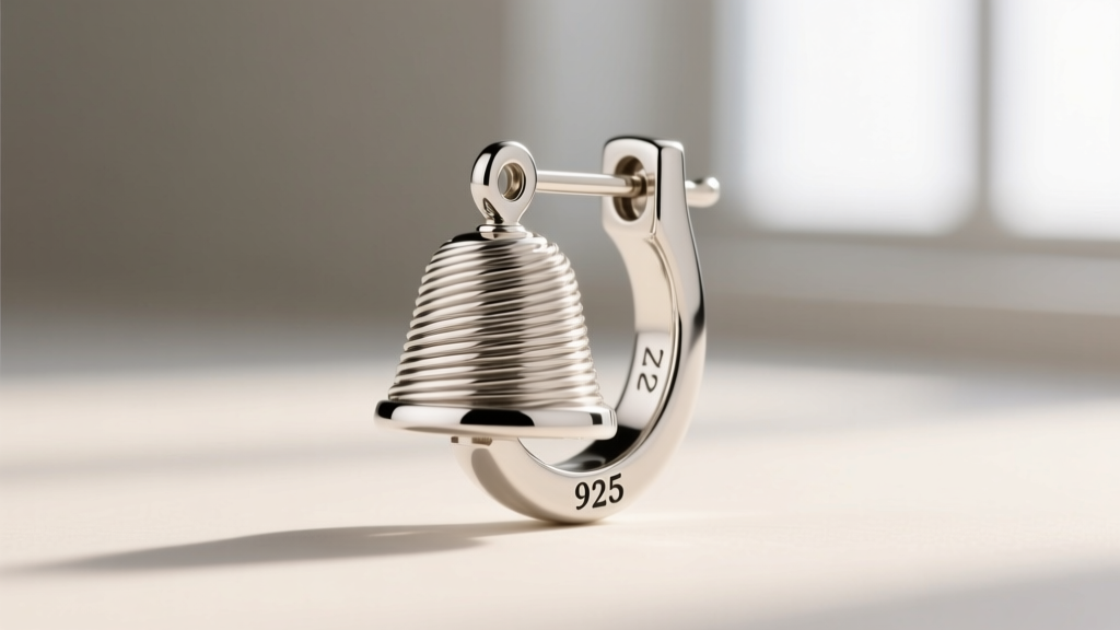 Close-up of a silver clochette earring post, showing the 20-gauge wire and a stamped 925 hallmark near the friction clutch.