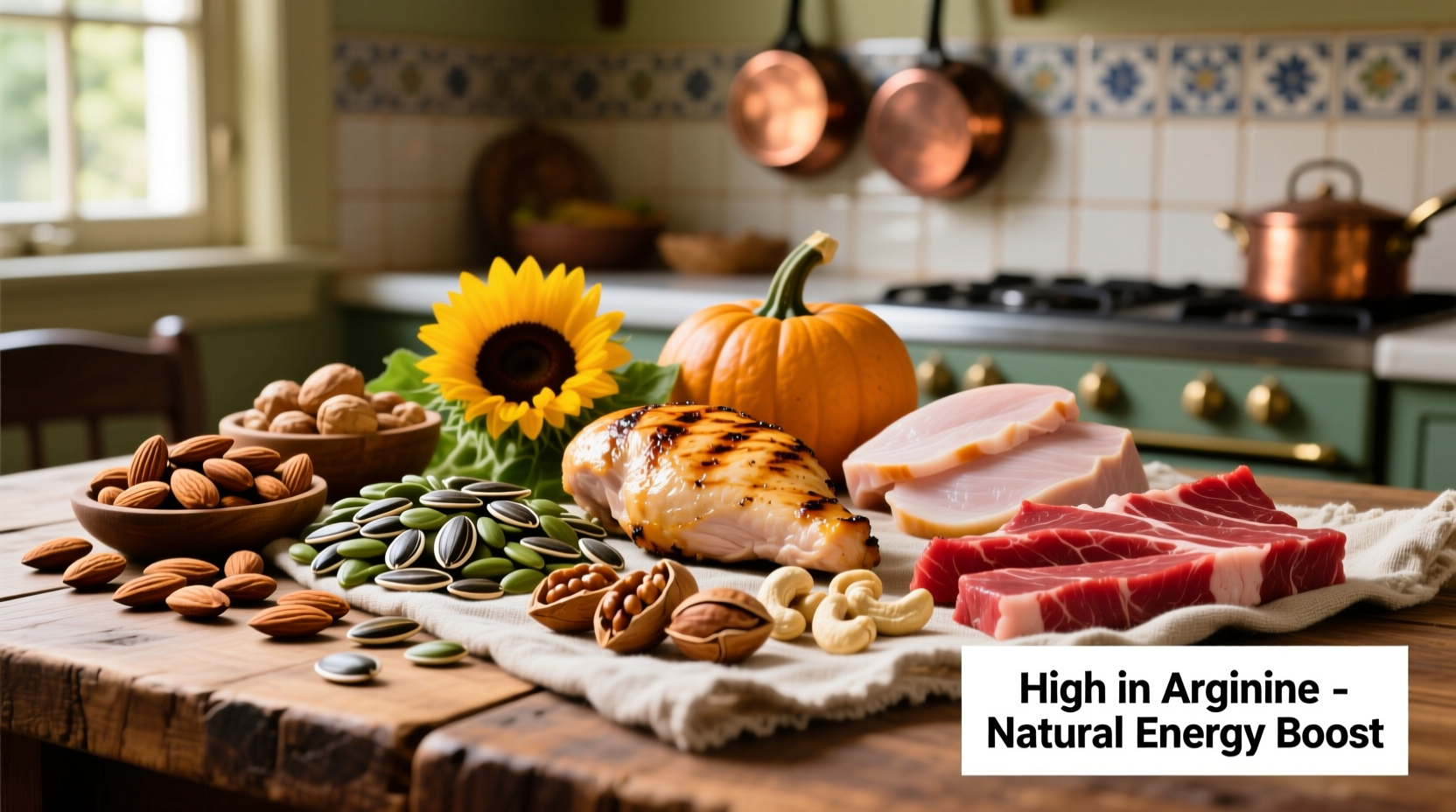 Colorful assortment of arginine-rich foods including nuts, seeds, and lean meats