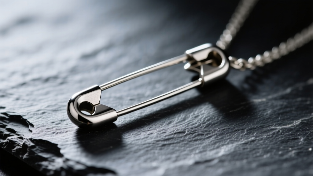 Macro shot of a steel safety pin pendant on dark slate, with side lighting highlighting the brushed metal grain and sharp tip.