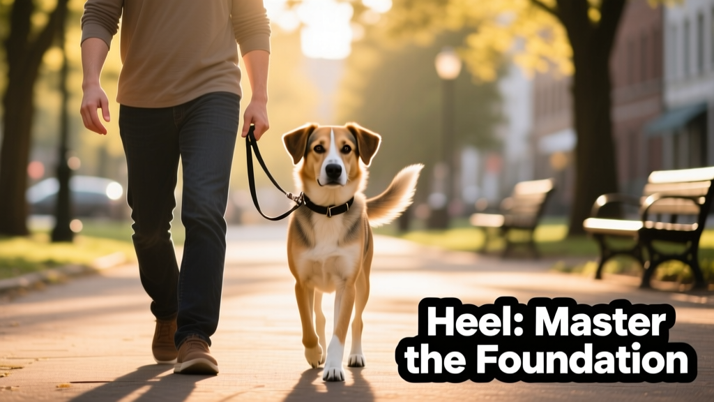 A pet parent walking side-by-side with their dog using the 'heel' hand signal—dog focused and aligned at the owner's left hip.